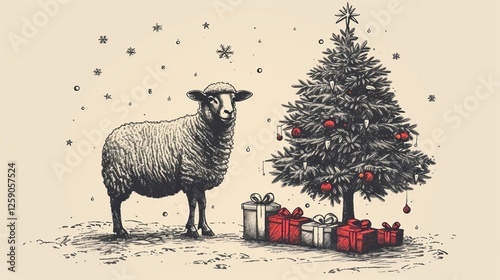 Obraz na płótnie A black-and-white detailed illustration of a sheep standing next to a decorated Christmas tree with wrapped gifts. The traditional etching style enhances the nostalgic holiday feel. AI generated. w salonie