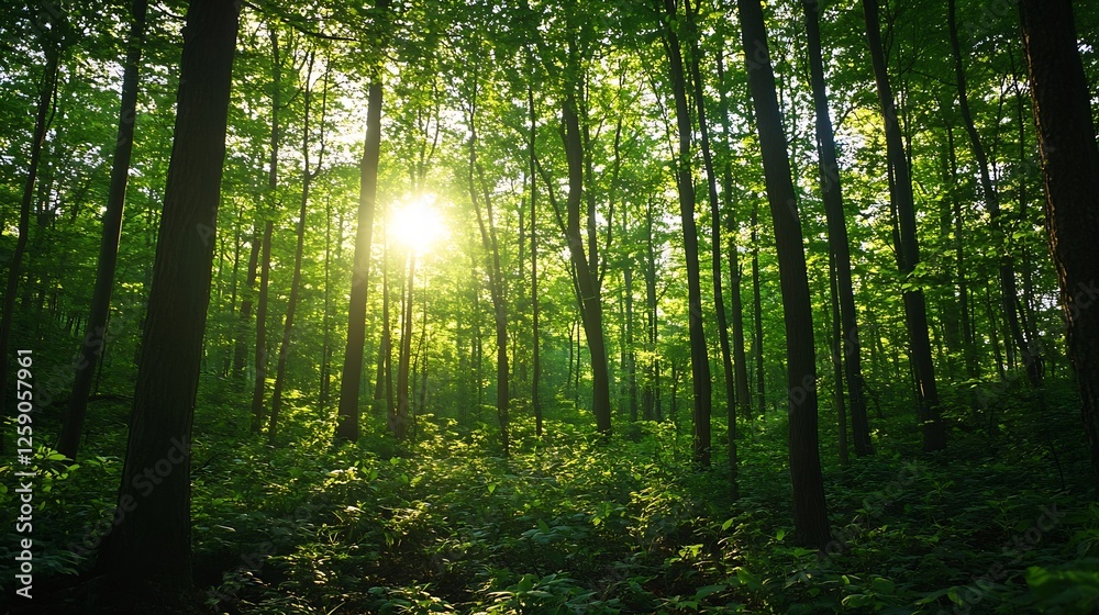 Lush Forest Light Break with Sun Rays Streaming Through Trees Creating A Serene Atmosphere : Generative AI Lush Forest Light Break with Sun Rays Streaming Through Trees Creating A Serene Atmosphere : Generative AI