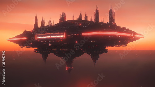 A futuristic floating megacity suspended by energy fields, glowing with neon lights in a perpetual dusk. Eternal Dusk. Illustration