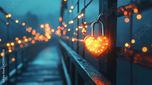A glowing love lock on a bridge, symbolizing eternal love. Eternal Dusk. Illustration