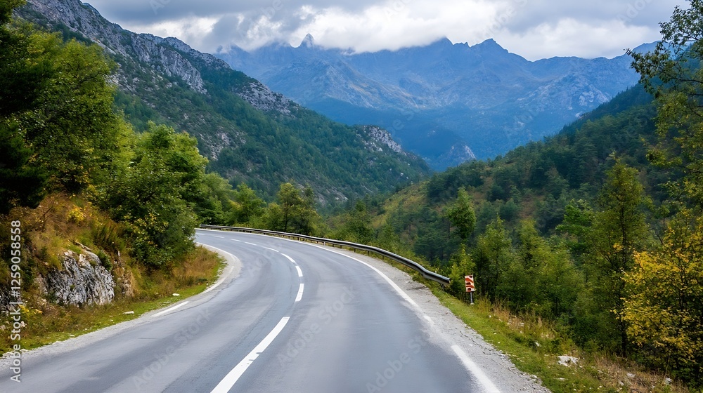 Scenic winding road through the green mountains under a cloudy sky : Generative AI Scenic winding road through the green mountains under a cloudy sky : Generative AI