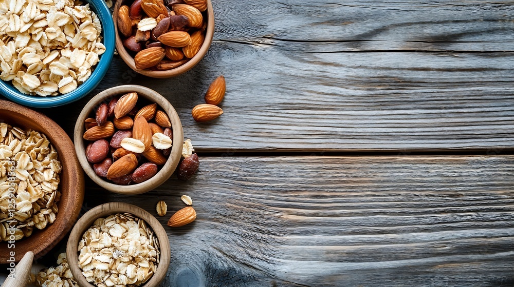 Natural Mix Of Nuts And Oats In Wooden Bowls On Rustic Table : Generative AI Natural Mix Of Nuts And Oats In Wooden Bowls On Rustic Table : Generative AI