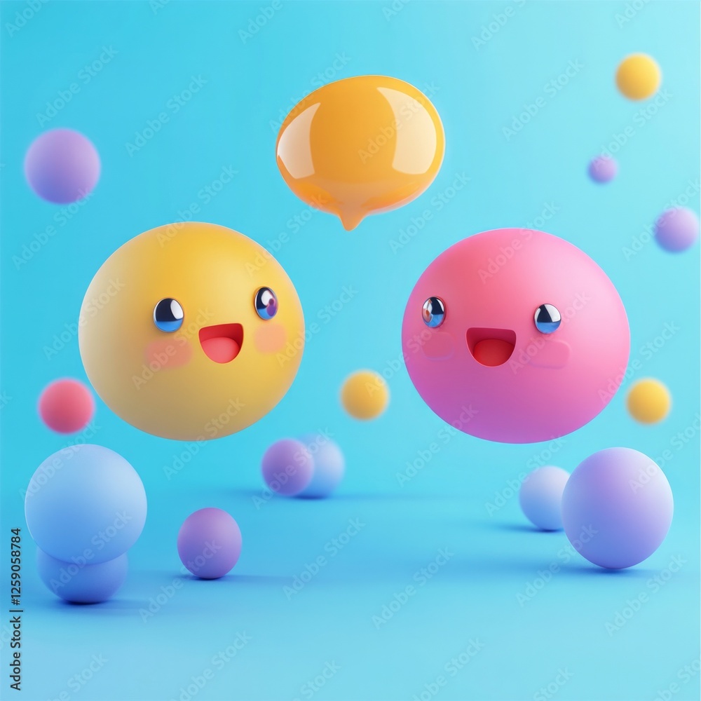 Colorful 3d spheres with happy faces on blue background Colorful 3d spheres with happy faces on blue background