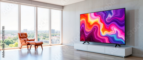 Futuristic 3D television displaying vibrant images in spacious room, innovation photo