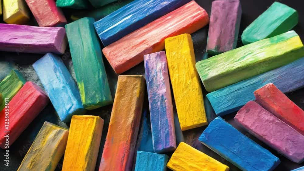 A seamless spread of different kinds of colored chalk sticks, tightly arranged to fill the entire frame with vibrant hues and creative energy.