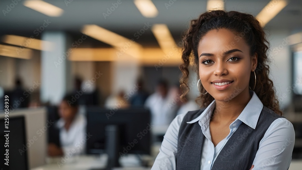 Obraz premium Confident African American Woman in an Office Setting Surrounded by Colleagues During Daytime Work Hours