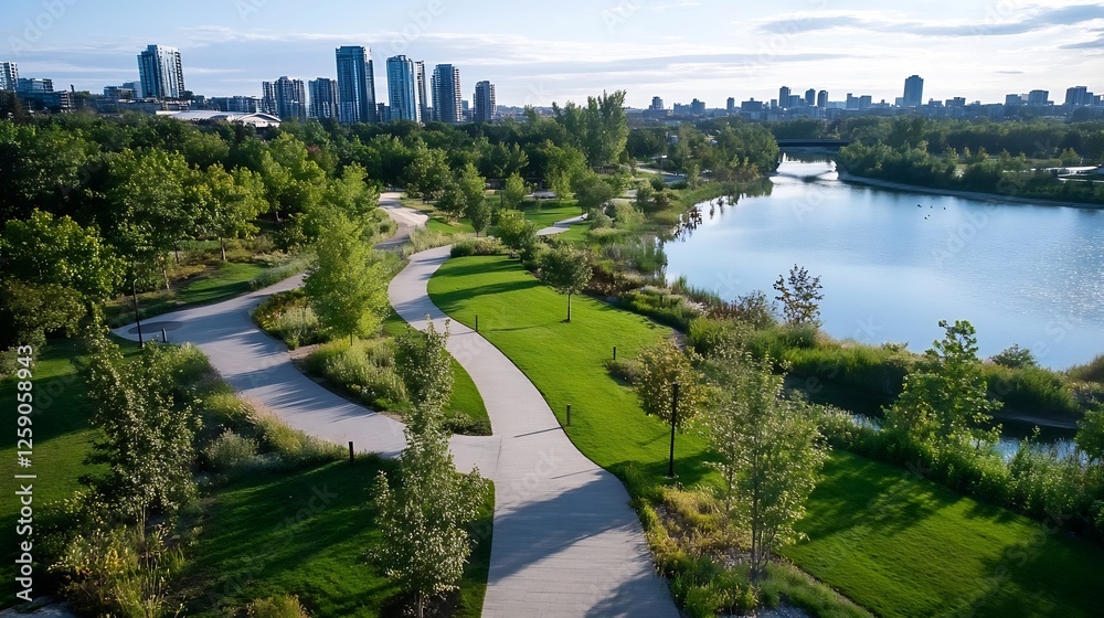 Obraz premium Aerial view of scenic park area with paths and waterfront amidst urban skyline : Generative AI