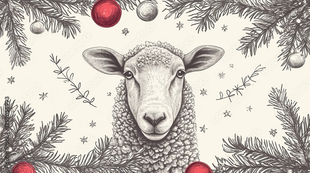 A monochrome digital illustration of a sheep framed with pine branches and red holiday ornaments. A delicate hand-drawn style, perfect for winter-themed artwork. AI generated.