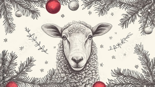 Obraz na płótnie A monochrome digital illustration of a sheep framed with pine branches and red holiday ornaments. A delicate hand-drawn style, perfect for winter-themed artwork. AI generated. w salonie