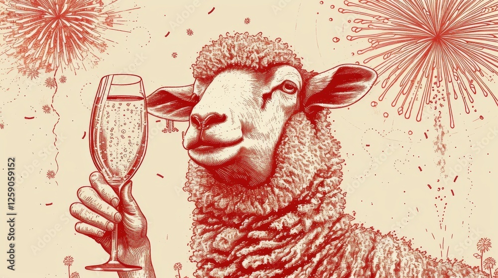 A vintage-style etching illustration of a sheep holding a champagne glass, set against a light background with fireworks. The artistic rendering gives a festive, New Year's Eve celebration feel.