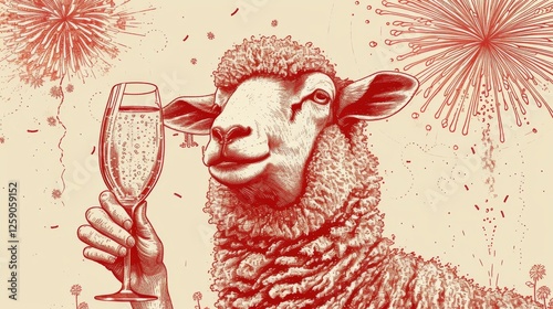 Obraz na płótnie A vintage-style etching illustration of a sheep holding a champagne glass, set against a light background with fireworks. The artistic rendering gives a festive, New Year's Eve celebration feel. w salonie