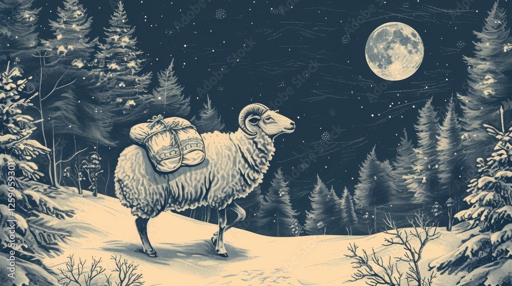 A regal ram stands in a snow-covered forest under a bright full moon, carrying bundles on its back. The monochromatic palette adds a timeless, dreamlike quality. AI generated.
