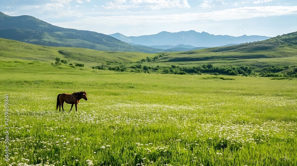Beautiful solitary horse grazing in a lush green meadow with mountains in the background : Generative AI Beautiful solitary horse grazing in a lush green meadow with mountains in the background : Generative AI