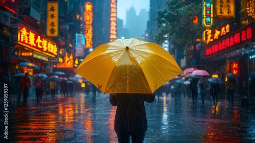 Wallpaper Mural Rainy night, city street, yellow umbrella, pedestrian, neon lights, urban scene, travel photography Torontodigital.ca