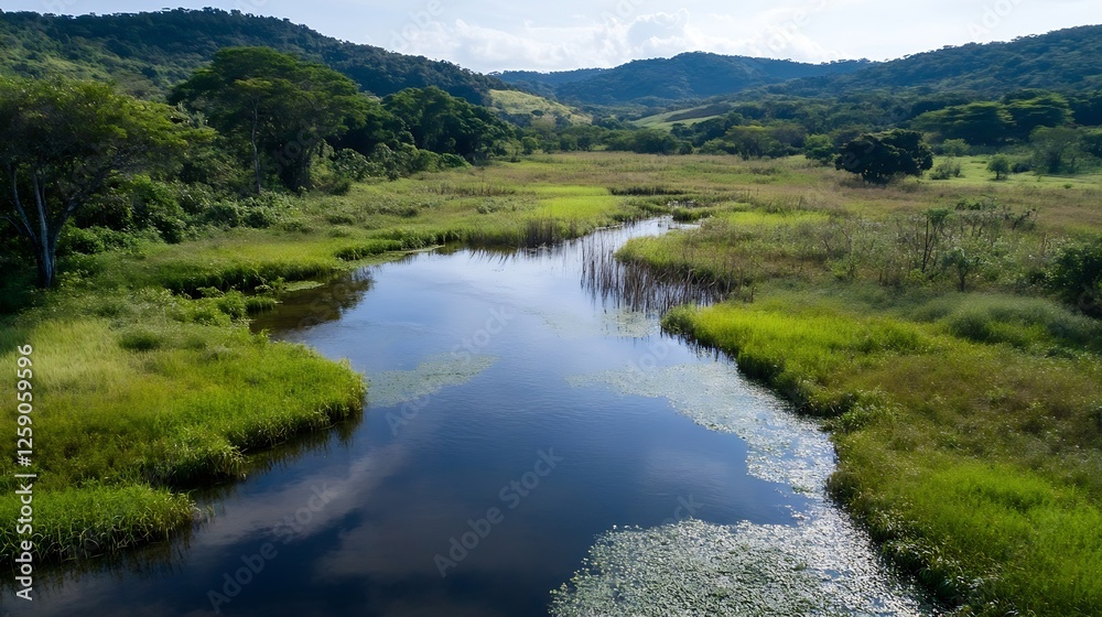 Aerial View of a Calm River Flowing Through Lush Green Fields : Generative AI Aerial View of a Calm River Flowing Through Lush Green Fields : Generative AI