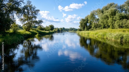 Serene riverside landscape reflecting blue sky and fluffy white clouds in tranquil nature : Generative AI