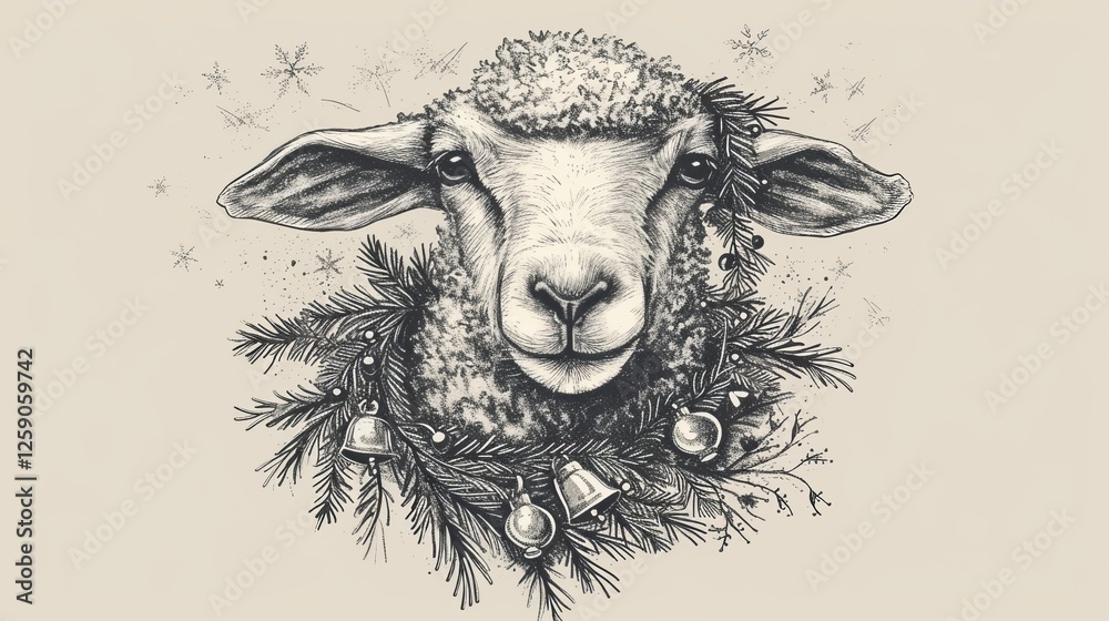 A beautifully detailed black and white illustration of a sheep adorned with a pine garland and jingle bells. The traditional ink drawing style adds a classic and festive touch, perfect for holiday