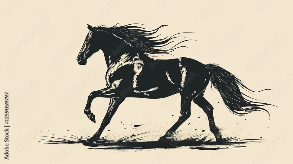 A beautifully detailed black and white illustration of a horse in mid-gallop, its mane and tail flowing with movement. The fine brush strokes create a sense of energy. AI generated.