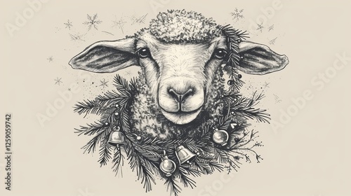 Obraz na płótnie A beautifully detailed black and white illustration of a sheep adorned with a pine garland and jingle bells. The traditional ink drawing style adds a classic and festive touch, perfect for holiday w salonie