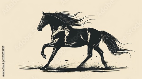 Obraz na płótnie A beautifully detailed black and white illustration of a horse in mid-gallop, its mane and tail flowing with movement. The fine brush strokes create a sense of energy. AI generated. w salonie