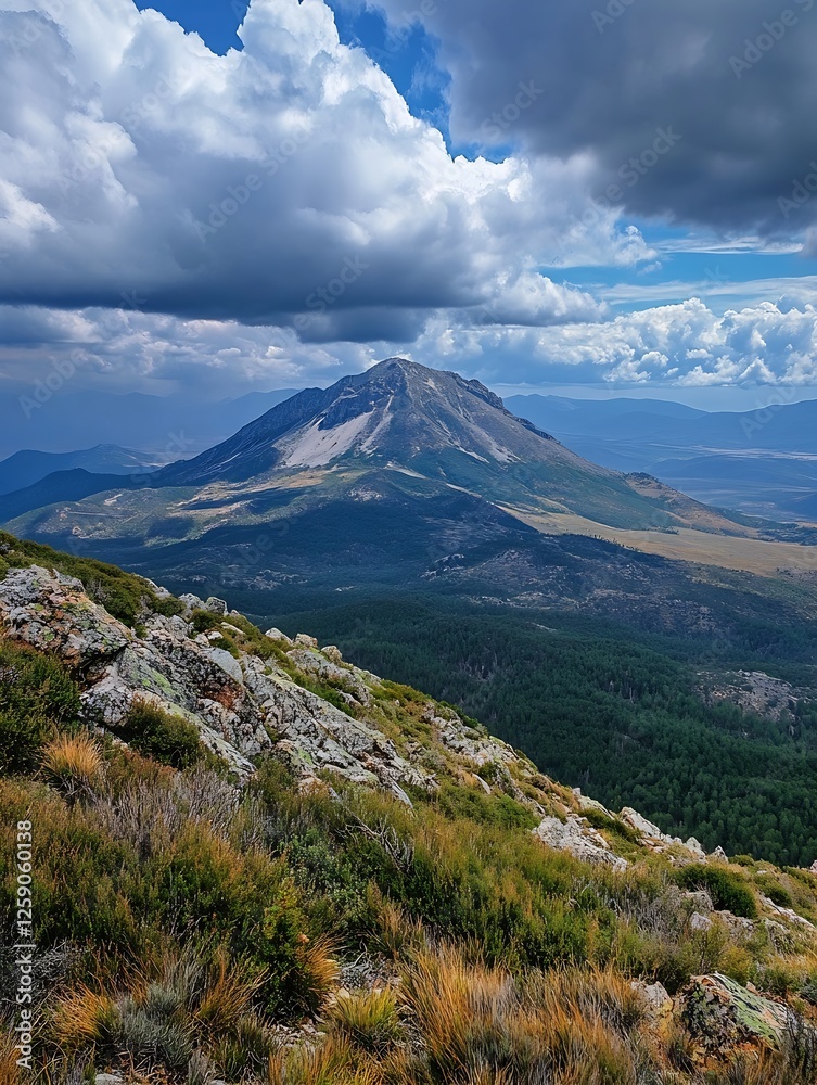 Fototapeta premium Breathtaking Mountain Landscape Under Dramatic Clouds with Lush Green Valley : Generative AI