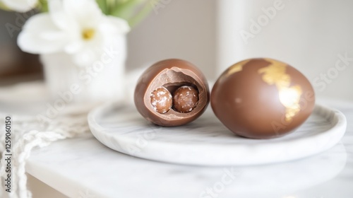 Luxurious chocolate Easter egg adorned with gold leaf, revealing truffle filling, elegantly displayed on marble dessert plate with soft bokeh background photo