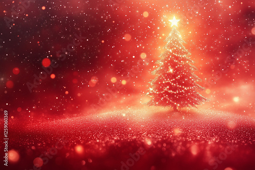 Christmas background with xmas tree and sparkle bokeh lights on red canvas background. 