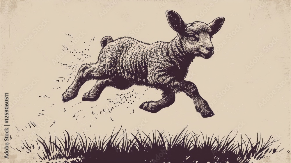 A beautifully detailed black-and-white illustration of a lamb in mid-leap, captured with expressive linework. The classic etching style evokes a timeless sense of motion and energy. AI generated.