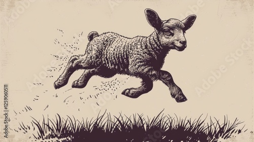 Obraz na płótnie A beautifully detailed black-and-white illustration of a lamb in mid-leap, captured with expressive linework. The classic etching style evokes a timeless sense of motion and energy. AI generated. w salonie