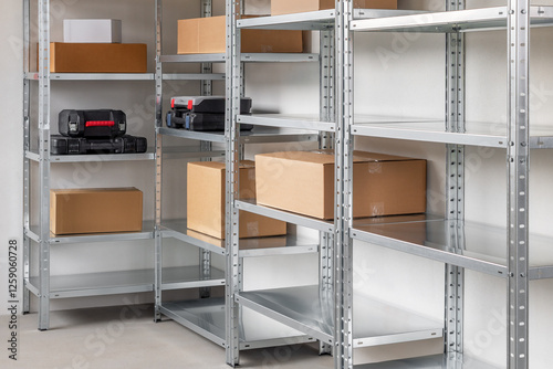 Metal warehouse shelves filled with different sizes of beige cardboard boxes and black plastic tool boxes. Storage concept