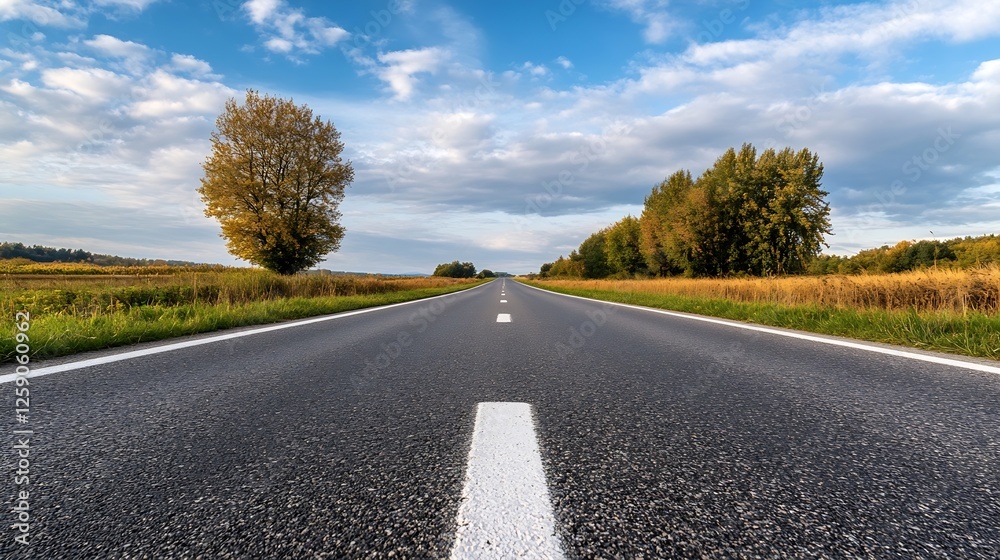 Fototapeta premium Straight Highway Stretching Under Blue Sky Surrounded by Lush Green Trees : Generative AI