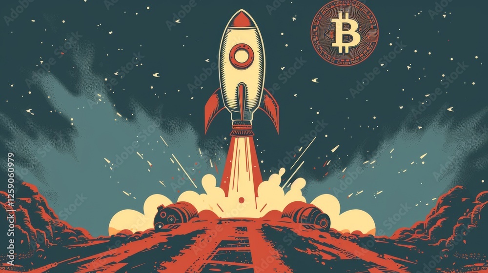 A dynamic digital illustration of a rocket launching with a Bitcoin symbol, symbolizing financial acceleration, cryptocurrency growth, and futuristic investments. AI generated.