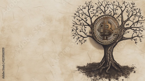 Obraz na płótnie A unique artistic illustration of a tree with a Bitcoin coin integrated into its structure, representing wealth, blockchain technology, and digital finance. AI generated. w salonie