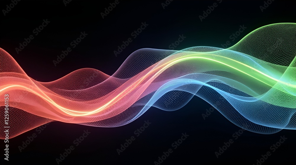 Naklejka premium Futuristic Neon Waves – Abstract Digital Art with Vibrant Colors on Dark Background