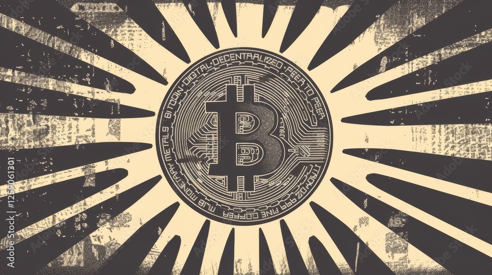 A Bitcoin coin featured against a grunge-inspired radial pattern, blending financial themes with artistic, abstract digital art. AI generated.