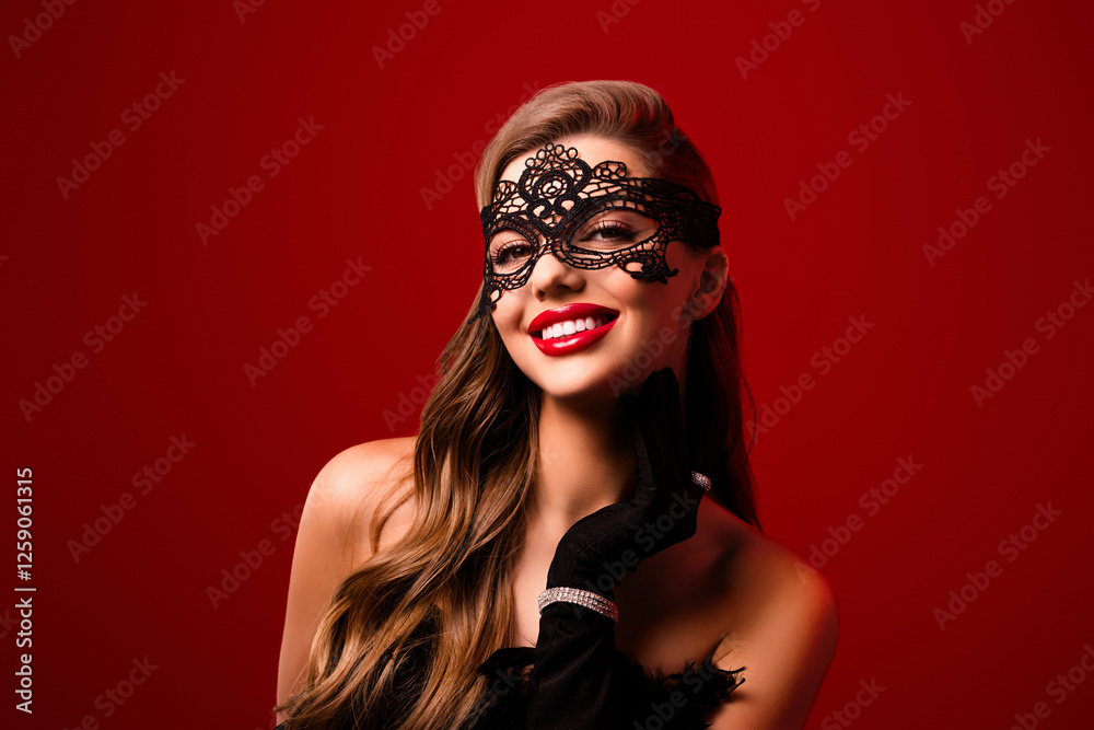 Obraz premium Happy smiling lady celebrity aristocratic queen touch skin chin feel tender wearing mask costume on red background