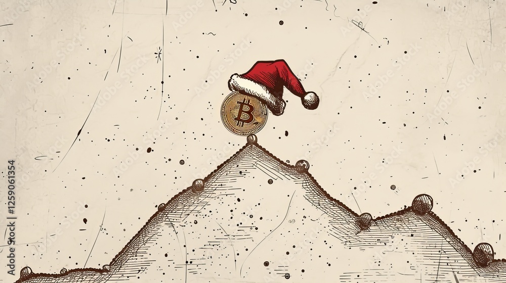 A conceptual Bitcoin illustration featuring a gold coin with a Santa hat perched atop a mountain peak, symbolizing financial growth, success, and festive cheer in the crypto world. AI generated.