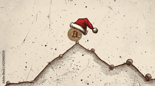 Obraz na płótnie A conceptual Bitcoin illustration featuring a gold coin with a Santa hat perched atop a mountain peak, symbolizing financial growth, success, and festive cheer in the crypto world. AI generated. w salonie