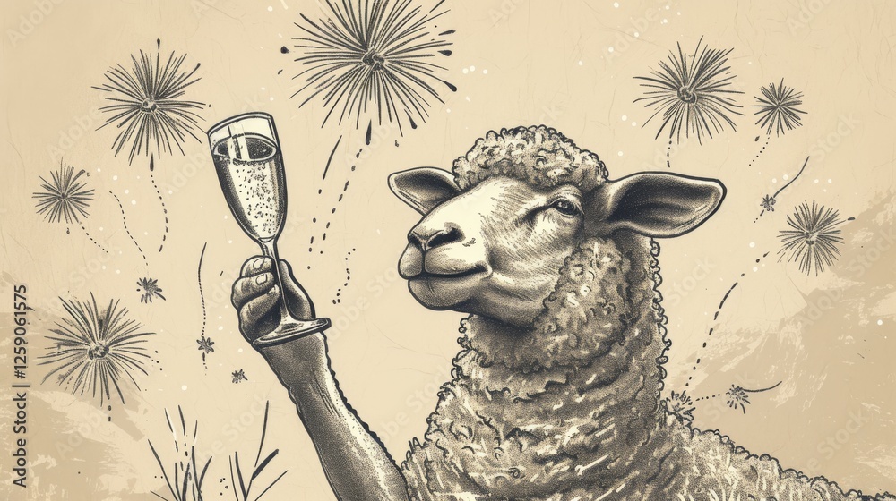 A whimsical black and white illustration of a sheep toasting with a champagne glass against a backdrop of fireworks. The etching technique adds a classic festive touch. AI generated.