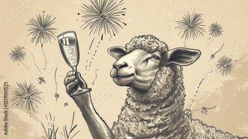 Obraz na płótnie A whimsical black and white illustration of a sheep toasting with a champagne glass against a backdrop of fireworks. The etching technique adds a classic festive touch. AI generated. w salonie