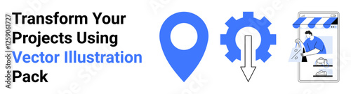Free Download Blue location pin, gear with arrow, professional customizing online store interface. Ideal for navigation, user interface, e-commerce, business, customization, technology flat landing page banner - GFXLoad