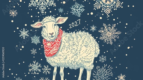 Obraz na płótnie A charming stylized illustration of a fluffy sheep wearing a red scarf, surrounded by snowflakes and the year 2027, evoking a cheerful and festive winter holiday theme. AI generated. w salonie