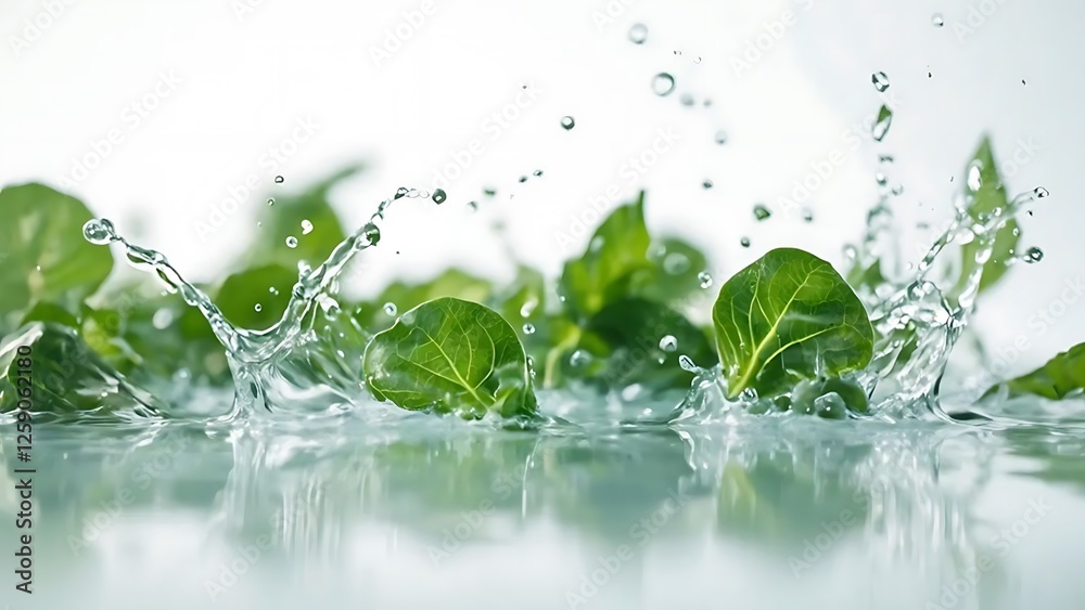 A refreshing splash of nature. Green leaves emerge from the water's surface creating ripples and a sense of renewal and sustainability A refreshing splash of nature. Green leaves emerge from the water's surface creating ripples and a sense of renewal and sustainability