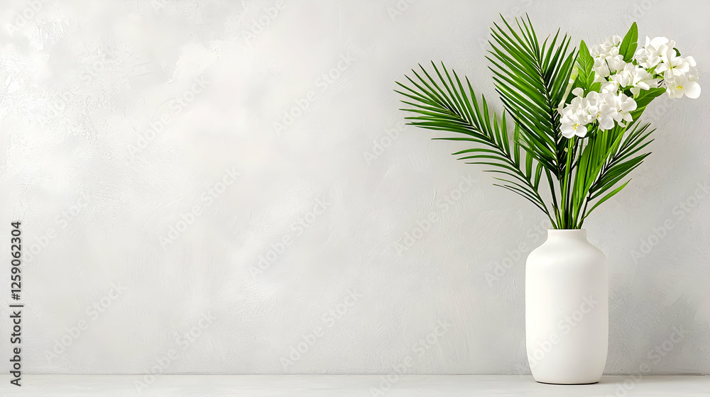 White flowers, palm leaves in vase, grey wall. Home decor White flowers, palm leaves in vase, grey wall. Home decor