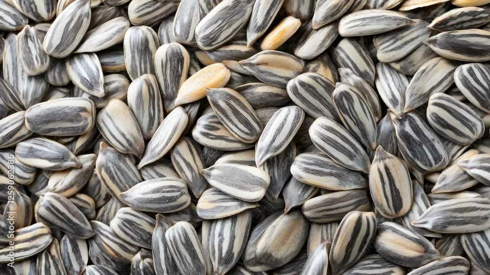 A seamless spread of whole sunflower seeds, tightly arranged to fill the entire frame with their gray and white striped shells and crunchy texture. A seamless spread of whole sunflower seeds, tightly arranged to fill the entire frame with their gray and white striped shells and crunchy texture.