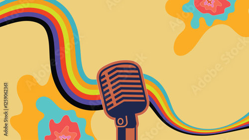 Retro Microphone with Futuristic Rainbow Waves on Abstract Background
