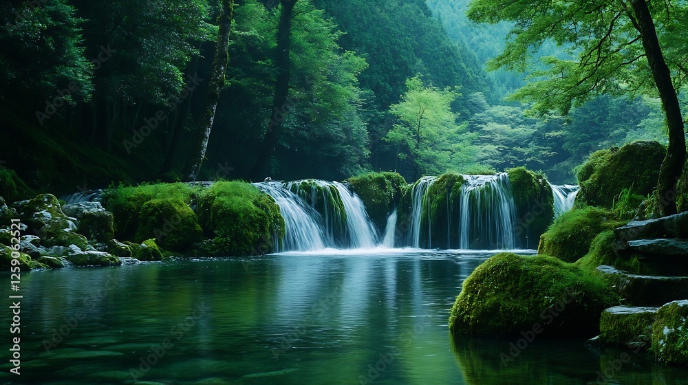 Obraz premium Idyllic Forest and Waterfall Scene with Lush Greenery and Clear Water : Generative AI