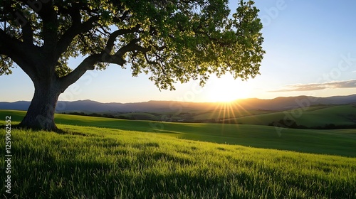 Stunning Sunset Over Serene Green Meadow with Majestic Tree Silhouette : Generative AI