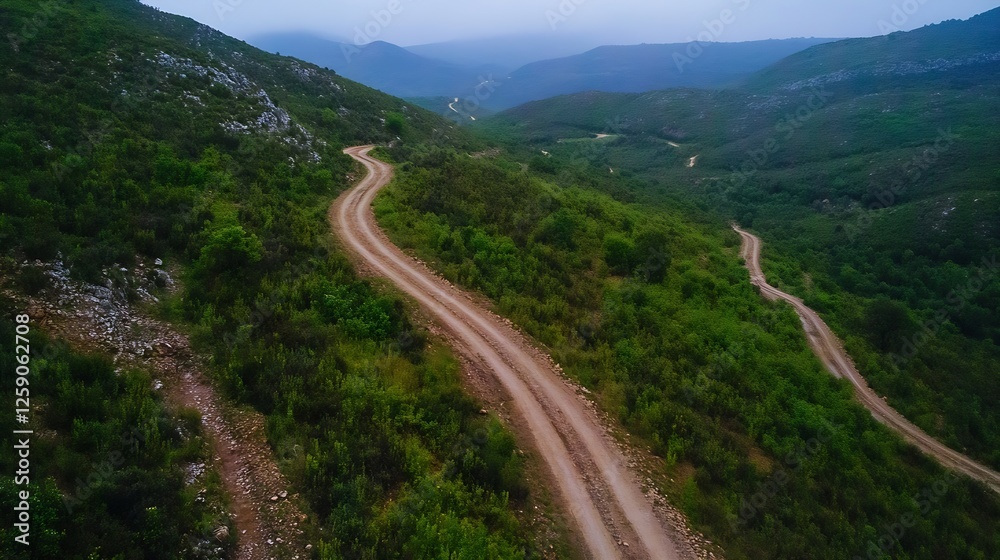 Winding Dirt Road Through Lush Green Hills with Scenic Mountain View in the Background : Generative AI Winding Dirt Road Through Lush Green Hills with Scenic Mountain View in the Background : Generative AI