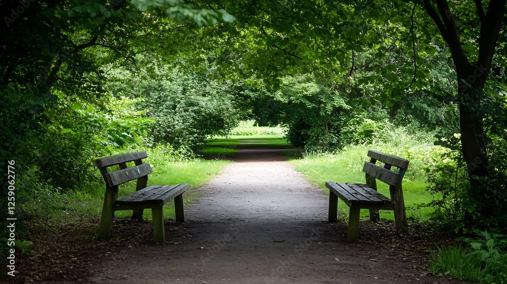 Inviting pathway framed by benches and lush greenery creating a peaceful outdoor experience : Generative AI Inviting pathway framed by benches and lush greenery creating a peaceful outdoor experience : Generative AI